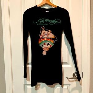 Ed Hardy By Chritian Audigier Vintage Black Tee Dress Size S Long Sleeve